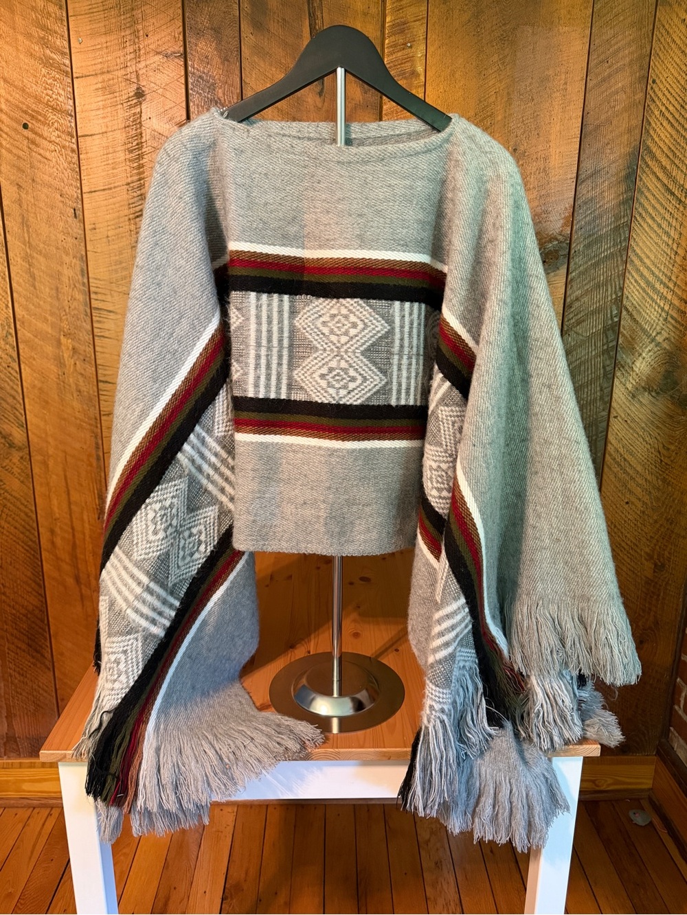 Southwestern Poncho Blanket Cape Gray Geometric Fringe Aztec Western Boho OS